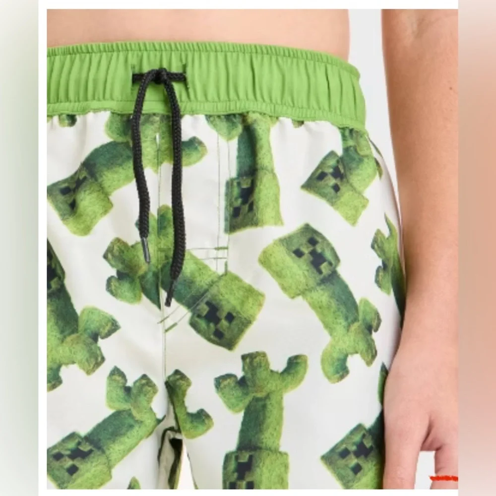 Boys' Minecraft Movie Art Swim Shorts - White/Green M: UPF 50+ Microfiber Board